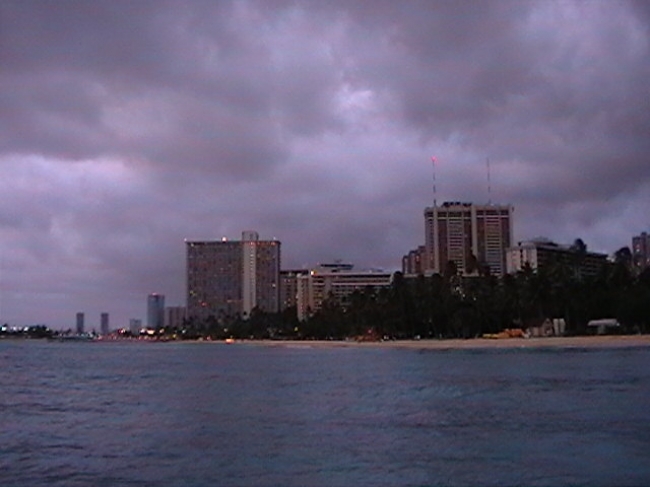 On the concrete catwalk at the Ourtigger Beach Hotel Hawaii, 360 pan 8: Hilton hawaiian Village and Hale Koa Hotel