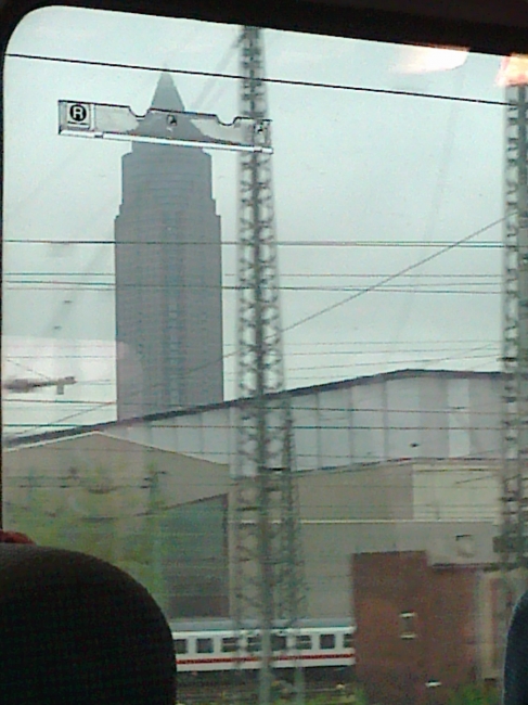 Messeturm Frankfurt, as seen from the train entering main station Frankfurt Hbf