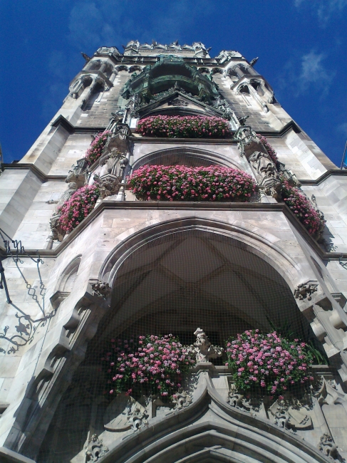 Glockespiel in Munich, Seen right from below, there's not much to be seen of the famous Glockenspiel, strangely the most facinating detail about Munich's Marienplatz for all the to...