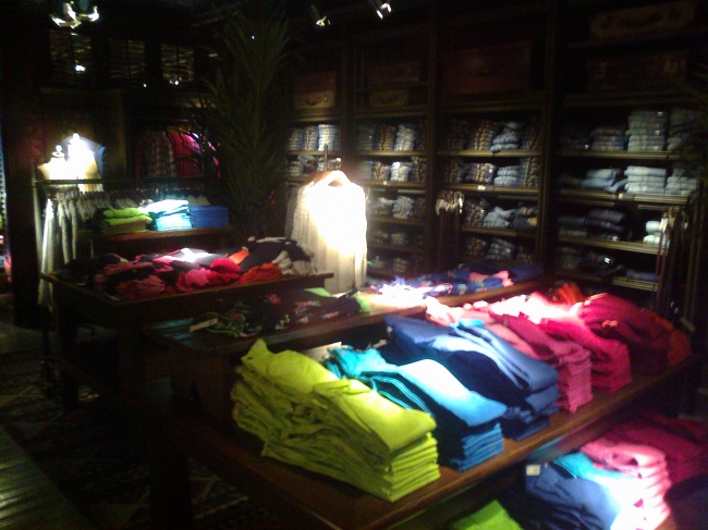 Abercrombie & Fitch store CentrO, Germany, Moody shopping atmosphere, but they can't hide that most stuff is only 60% cotton, rest Polyester, and made in China! For 50 EUROs a sweater, you can deserve...