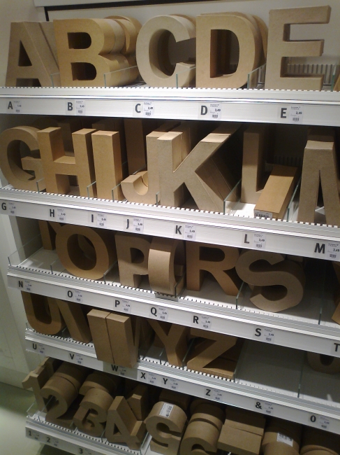 Cardboard letters, made of paper machee, at a hobby shop called Idee.