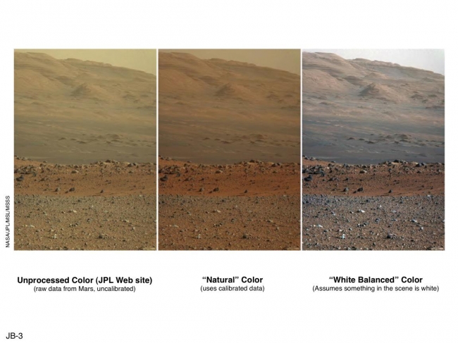 'Raw,' 'Natural' and 'White-Balanced' Views of Martian Terrain, These three versions of the same image taken by the Mast Camera (Mastcam) on NASA's Mars rover Curiosity illustrate different choices that scientists can mak...