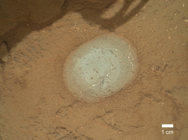 Target 'Wernecke' After Brushing by Curiosity, The gray area in the center of this image is where the Dust Removal Tool on the robotic arm of NASA's Mars rover Curiosity brushed a rock target called "Wern...