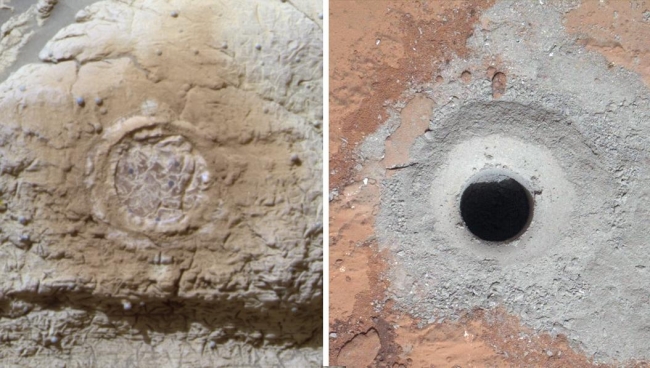 Studying Habitability in Ancient Martian Environments, This set of images shows the results from the rock abrasion tool from NASA's Mars Exploration Rover Opportunity (left) and the drill from NASA's Curiosity ro...