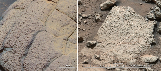 Two Different Aqueous Environments, This set of images compares rocks seen by NASA's Opportunity rover and Curiosity rover at two different parts of Mars. On the left is " Wopmay" rock, in Endu...