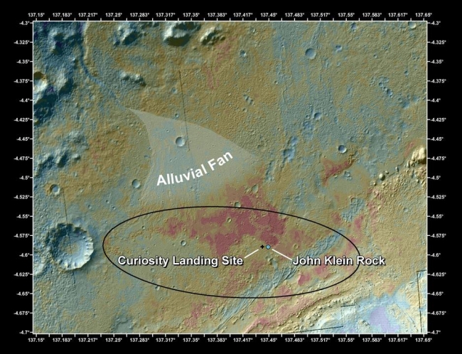 Location of John Klein Drill Site, This false-color map shows the area within Gale Crater on Mars, where NASA's Curiosity rover landed on Aug. 5, 2012 PDT (Aug. 6, 2012 EDT) and the location w...