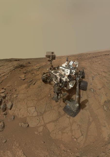 Curiosity Rover's Self Portrait at 'John Klein' Drilling Site, Cropped, This rectangular version of a self-portrait of NASA's Mars rover Curiosity combines dozens of exposures taken by the rover's Mars Hand Lens Imager (MAHLI) du...