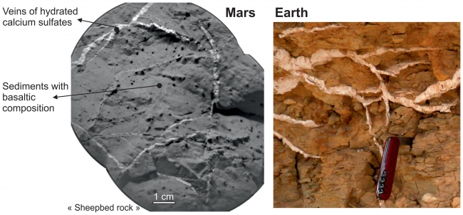 Veins in Rocks on Mars and Earth,  This set of images shows the similarity of sulfate-rich veins seen on Mars by NASA's Curiosity rover to sulfate-rich veins seen on Earth. The view on the le...
