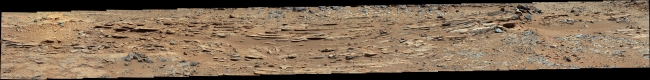 Wide View of 'Shaler' Outcrop, Sol 120,  Raw Image Click on the image for larger version The "Shaler" outcrop is dramatically layered, as seen in this mosaic of telephoto images from the right Mast...