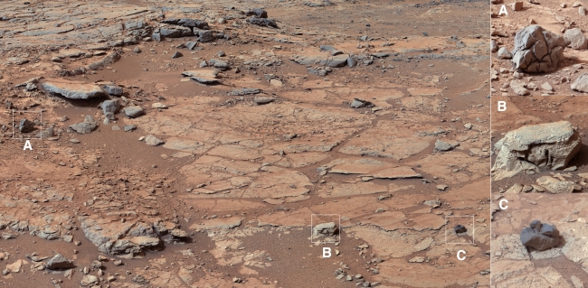 Diversity in Vicinity of Curiosity's First Drilling Target,  Annotated Image Click on the image for larger version The right Mast Camera (Mastcam) of NASA's Curiosity Mars rover provided this contextual view of the vi...