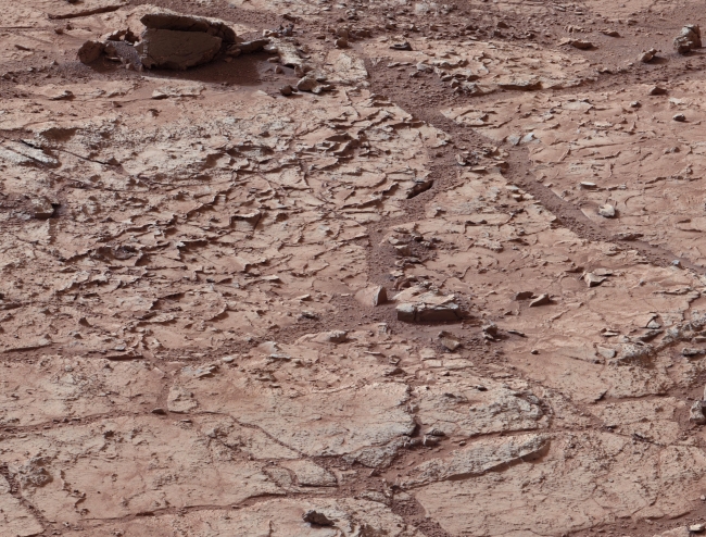 'John Klein' Site Selected for Curiosity's Drill Debut,  Annotated Image Click on the image for larger version This view shows the patch of veined, flat-lying rock selected as the first drilling site for NASA's Ma...