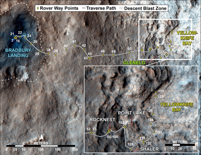 Curiosity Traverse Map, Sol 130, This map traces where NASA's Mars rover Curiosity drove between landing at a site subsequently named "Bradbury Landing," and the position reached during the ...