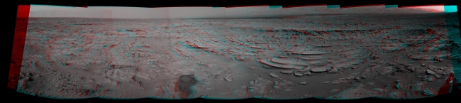 Sol 120 Panorama from Curiosity, near 'Shaler' (Stereo), This stereo panoramic view combines 14 images taken by the Navigation Camera (Navcam) on the NASA Mars rover Curiosity during the mission's 120th Martian day...