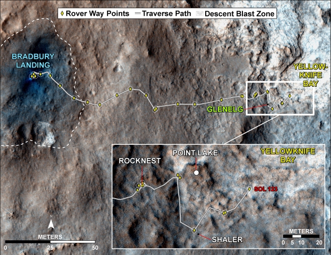 Curiosity Traverse Map, Sol 123, This map traces where NASA's Mars rover Curiosity drove between landing at a site subsequently named "Bradbury Landing," and the position reached during the ...