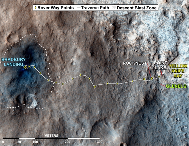 Curiosity Rover's Traverse, August through November 2012,  This map shows where NASA's Mars rover Curiosity has driven since landing at a site subsequently named "Bradbury Landing," and traveling to an overlook posi...