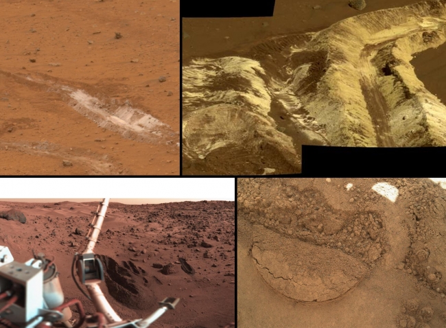 A Sampling of Martian Soils, This collage shows the variety of soils found at landing sites on Mars. The elemental composition of the typical, reddish soils were investigated by NASA's V...