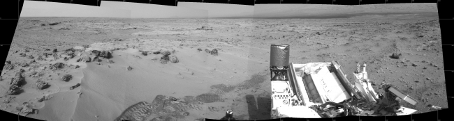 Curiosity's Eastward View After Sol 100 Drive, NASA's Mars rover Curiosity drove 6.2 feet (1.9 meters) during the 100th Martian day, or sol, of the mission (Nov. 16, 2012). The rover used its Navigation C...