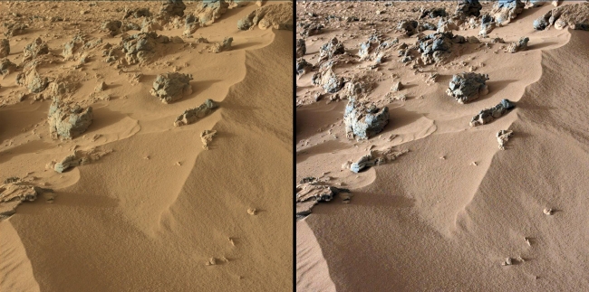 Wind-Blown Martian Sand,  This pair of images from the Mast Camera on NASA's Curiosity rover shows the upper portion of a wind-blown deposit dubbed "Rocknest." The rover team recentl...