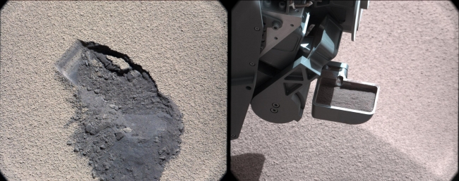 Curiosity Digs In, Annotated Image Click on the image for larger version This pair of images shows a "bite mark" where NASA's Curiosity rover scooped up some Martian soil (left...