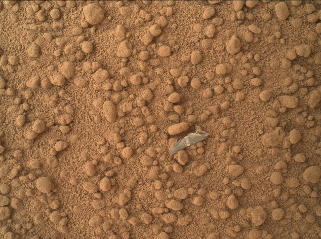 Small Debris on the Ground Beside Curiosity, This image from the Mars Hand Lens Imager (MAHLI) camera on NASA's Mars rover Curiosity shows a small bright object on the ground beside the rover at the "Ro...