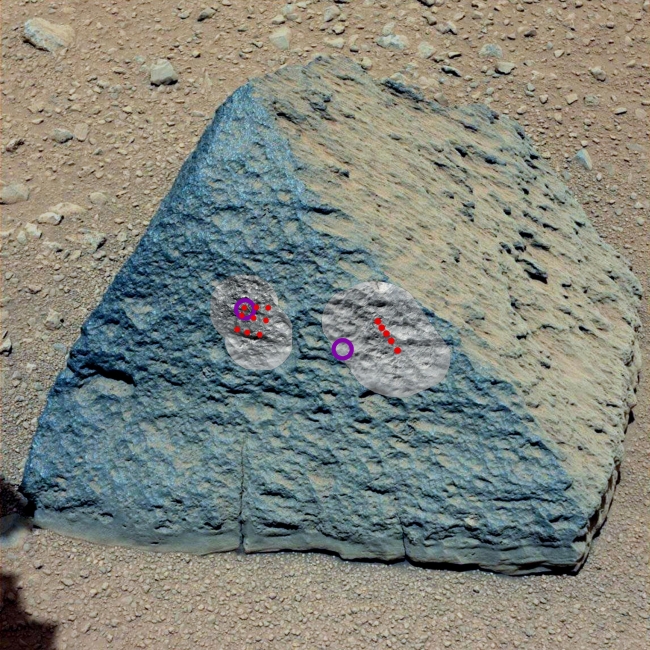 Target: Jake Matijevic Rock,  Unannotated version Click on the image for full-res version   This image shows where NASA's Curiosity rover aimed two different instruments to study a rock ...
