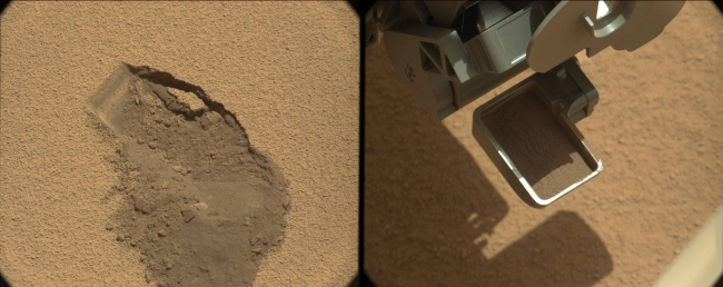 First Scoop by Curiosity, Sol 61 Views, This pairing illustrates the first time that NASA's Mars rover Curiosity collected a scoop of soil on Mars. It combines two raw images taken on the mission's...