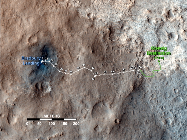 Curiosity's Travels Through Sol 56, This map shows the route driven by NASA's Mars rover Curiosity through the 56th Martian day, or sol, of the rover's mission on Mars (Oct. 2, 2012). The route...