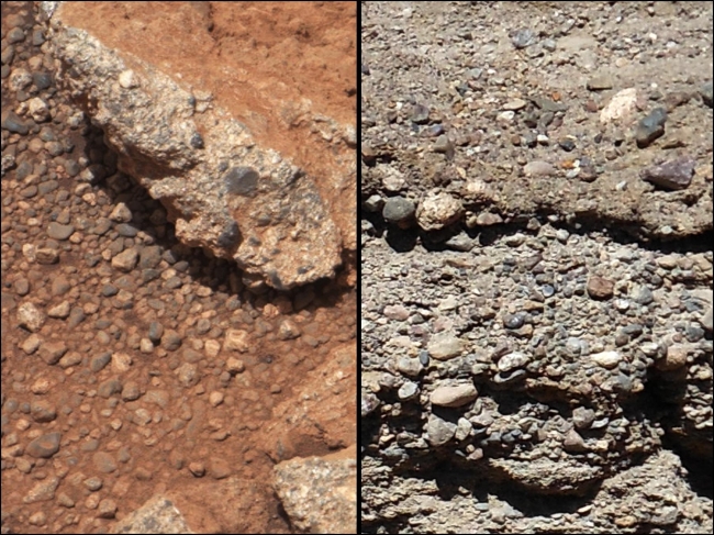 Rock Outcrops on Mars and Earth, Figure 1 Click on the image for larger version This set of images compares the Link outcrop of rocks on Mars (left) with similar rocks seen on Earth (right)....