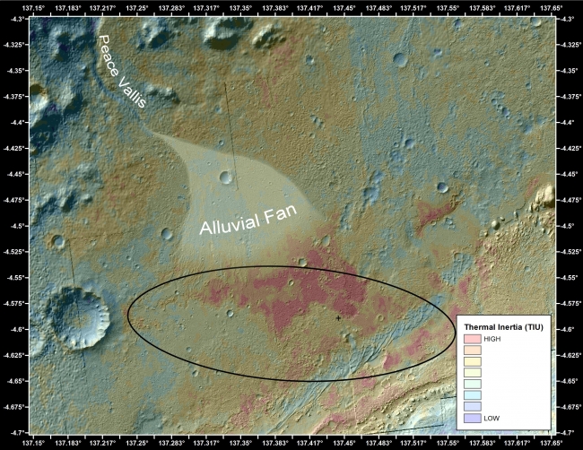 Downslope of the Fan, This false-color map shows the area within Gale Crater on Mars, where NASA's Curiosity rover landed on Aug. 5, 2012 PDT (Aug. 6, 2012 EDT). It merges topogra...