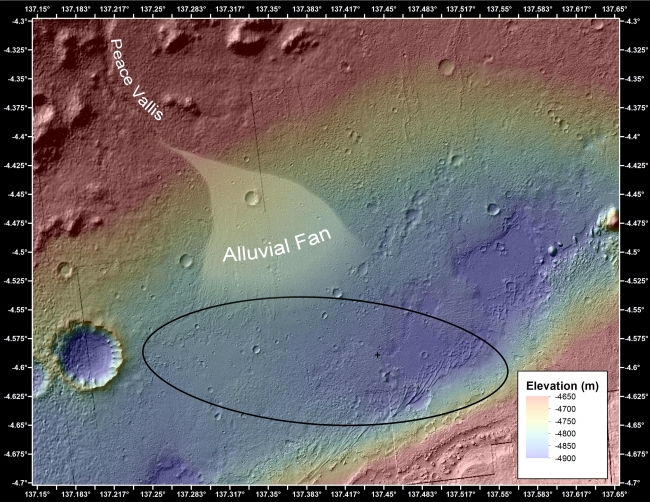 Where Water Flowed Downslope, This image shows the topography, with shading added, around the area where NASA's Curiosity rover landed on Aug. 5 PDT (Aug. 6 EDT). Higher elevations are co...