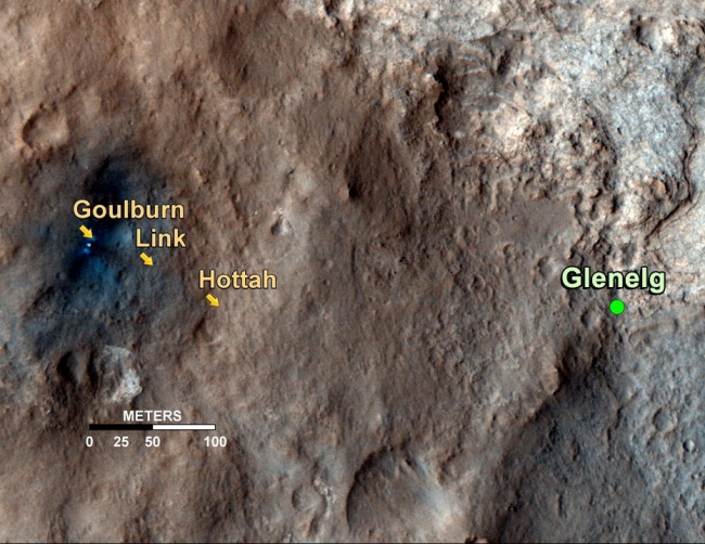 Curiosity's Roadside Discoveries, This map shows the path on Mars of NASA's Curiosity rover toward Glenelg, an area where three terrains of scientific interest converge. Arrows mark geologica...