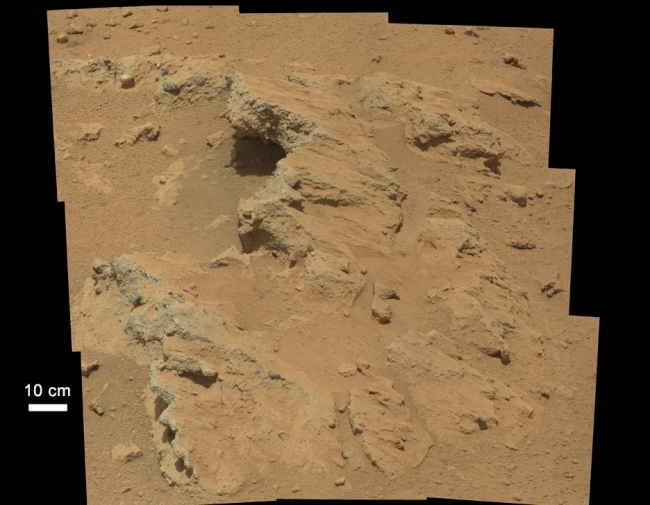 Remnants of Ancient Streambed on Mars, Figure 1 Click on the image for larger version NASA's Curiosity rover found evidence for an ancient, flowing stream on Mars at a few sites, including the roc...