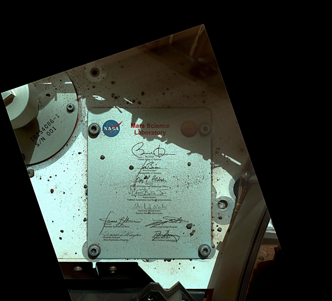 President's Signature Onboard Curiosity, This view of Curiosity's deck shows a plaque bearing several signatures of US officials, including that of President Obama and Vice President Biden. The imag...