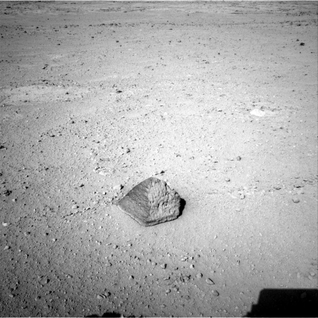 'Jake Matijevic' Contact Target for Curiosity,  The drive by NASA's Mars rover Curiosity during the mission's 43rd Martian day, or sol, (Sept. 19, 2012) ended with this rock about 8 feet (2.5 meters) in f...