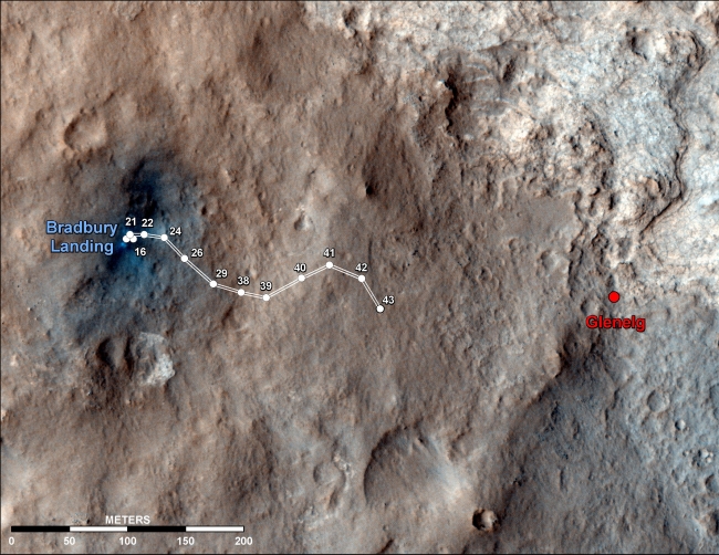 Curiosity Traverse Map Through Sol 43,  This map shows the route driven by NASA's Mars rover Curiosity through the 43rd Martian day, or sol, of the rover's mission on Mars (Sept. 19, 2012). The ro...