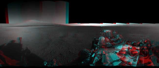 3-D View from Bradbury Landing Site,  Left-eye view Right-eye view Click on an individual image for full resolution figures image This 3-D image from NASA's Curiosity was taken from the rover's ...