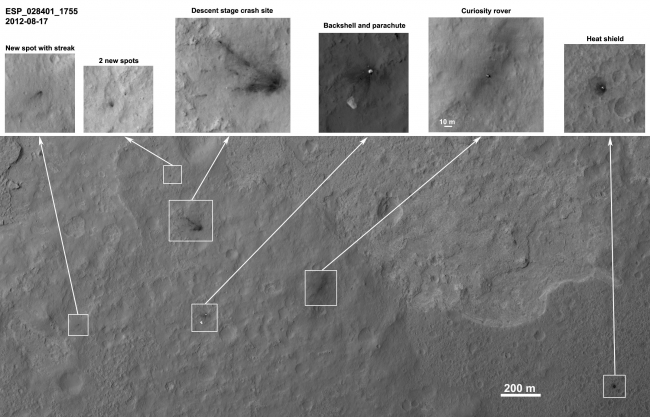 Orbiter View of Curiosity From Nearly Straight Overhead, Details such as the shadow of the mast on NASA's Mars rover Curiosity appear in an image taken Aug. 17, 2012, by the High Resolution Imaging Science Experime...