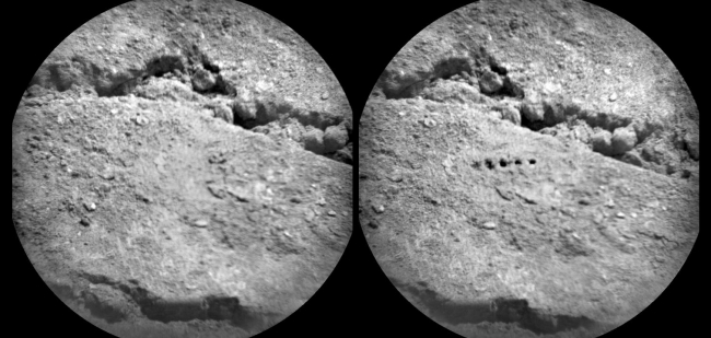 Marks of Laser Exam on Martian Soil,  The Chemistry and Camera (ChemCam) instrument on NASA's Mars rover Curiosity used its laser to examine side-by-side points in a target patch of soil, leavin...