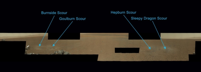 Naming the Scour Marks, Scientists have now named the four marks near NASA's Curiosity rover where blasts from the descent stage rocket engines blew away some of the Martian surface...