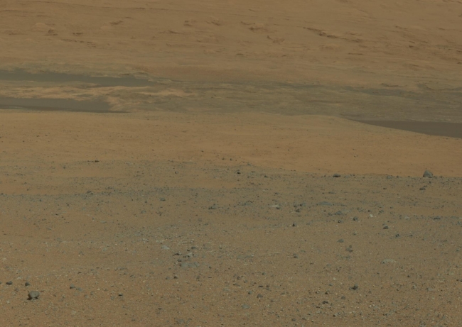 Destination Mount Sharp,  Figure 1 Click on the image for larger view This color image from NASA's Curiosity rover looks south of the rover's landing site on Mars towards Mount Sharp...