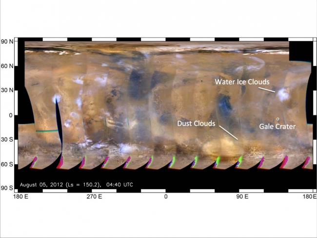 Mars Weather Map, Aug. 5, This global map of Mars was acquired on Aug. 5, 2012, by the Mars Color Imager instrument on NASA's Mars Reconnaissance Orbiter. One global map is generated ...