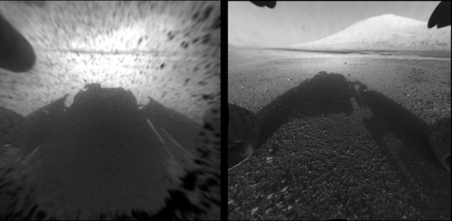 Clear Views on Mars,  This image comparison shows a view through a Hazard-Avoidance camera on NASA's Curiosity rover before and after the clear dust cover was removed. Both image...