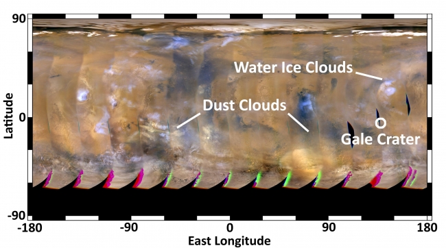 Mars Weather Map, Aug. 4, 2012,  This global map of Mars was acquired on Aug. 4, 2012, by the Mars Color Imager instrument on NASA's Mars Reconnaissance Orbiter. One global map is generated...