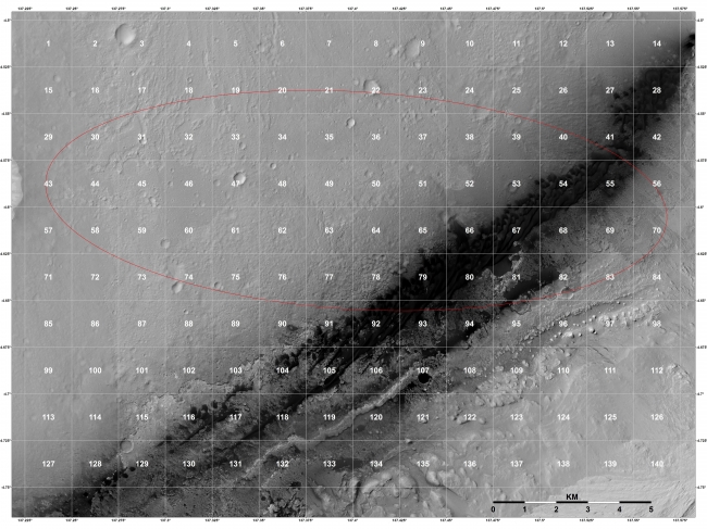 Close-up of Curiosity's Landing Region,  This is a close-up view of the northern two-thirds of one of the quadrangles (number 50) that were mapped onto the landing region of NASA's Curiosity rover....