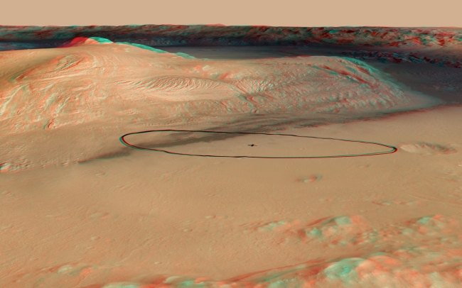 Landing Target for Mars Rover Curiosity, in Stereo,  As of June 2012, the target landing area for Curiosity, the rover of NASA's Mars Science Laboratory mission, is the ellipse marked on this image, about 12 m...
