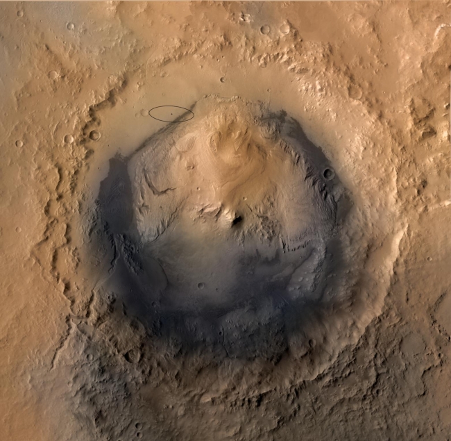 Destination Gale Crater in August 2012,  As of June 2012, the target landing area for NASA's Mars Science Laboratory mission is the ellipse marked on this image of Gale Crater. The ellipse is about...