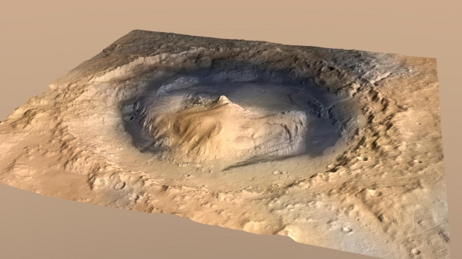 Oblique View of Gale Crater, Mars, with Vertical Exaggeration,  Gale Crater, where the rover Curiosity of NASA's Mars Science Laboratory mission will land in August 2012, contains a mountain rising from the crater floor....