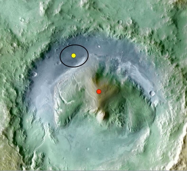 Topography of Gale Crater,  Color coding in this image of Gale Crater on Mars represents differences in elevation. The vertical difference from a low point inside the landing ellipse f...