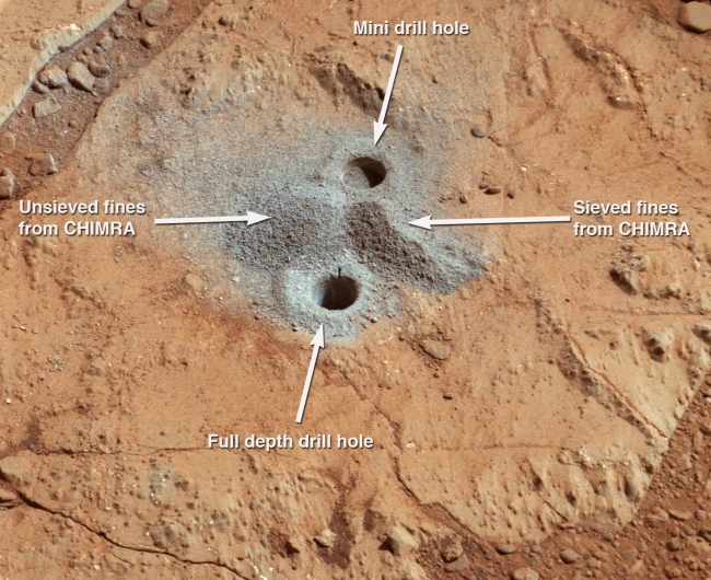 Dust from Mars Drilling: Tailings and Discard Piles, <br><br>Image credits: NASA/JPL-Caltech/MSSS<br>Image released by NASA on 2013-04-08 as catalog id PIA16815