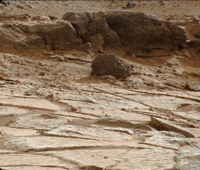 'Point Lake' Outcrop in Gale Crater, Figure 1 Click on the image for larger version One priority target for a closer look by NASA's Mars rover Curiosity before the rover departs the "Glenelg" ar...
